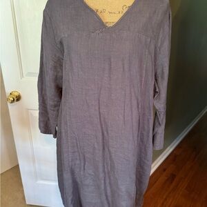 Casual V-Neck 3/4 Sleeve Linen Dress in Dark Grey with pockets